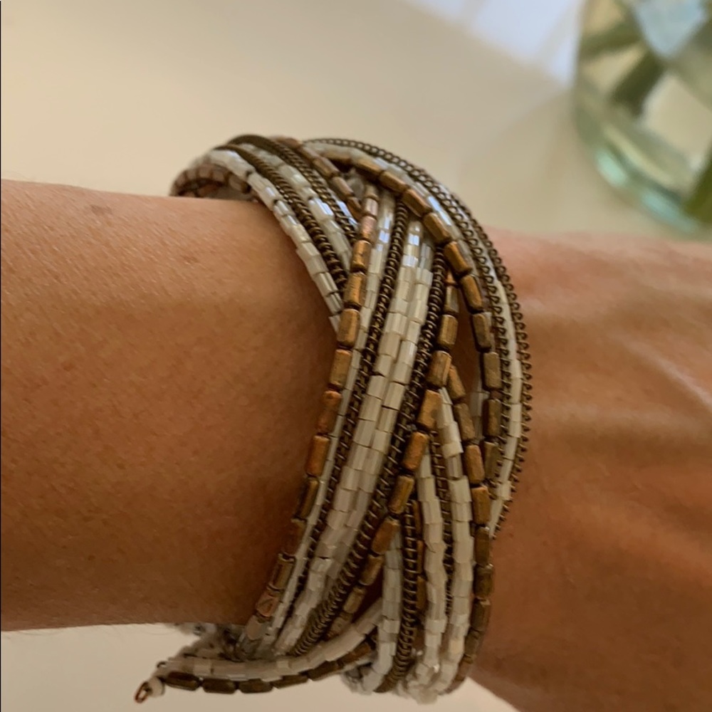 Brass white beaded cuff bracelet